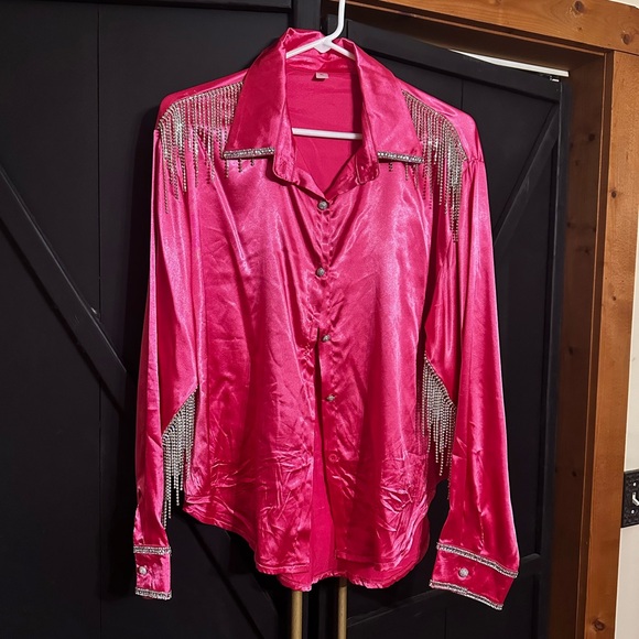 Tops - Pink Silk Rhinestone button down